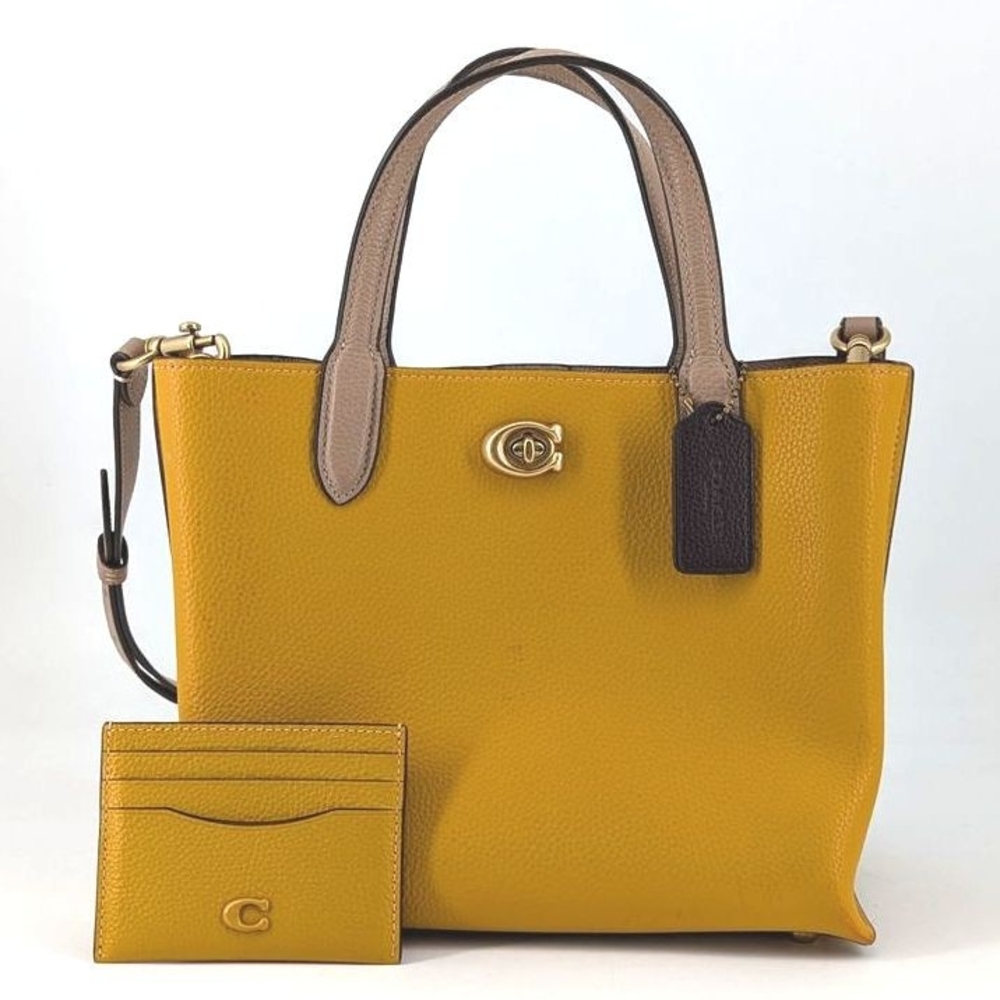 Lot 2 COACH Willow Tote 24 Colorblock Yellow Leather Turnlock Purse Bag +wallet